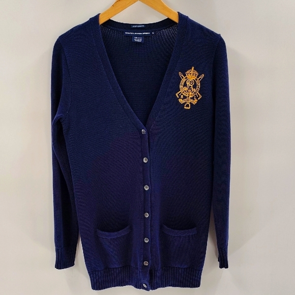 Ralph Lauren Sport Unique Boyfriend N1529 Sweater Cardigan Medium Blue V-neck - Picture 1 of 6